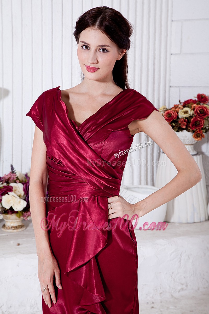 Wine Red Column V-neck Knee-length Ruching Mother Bride Dress