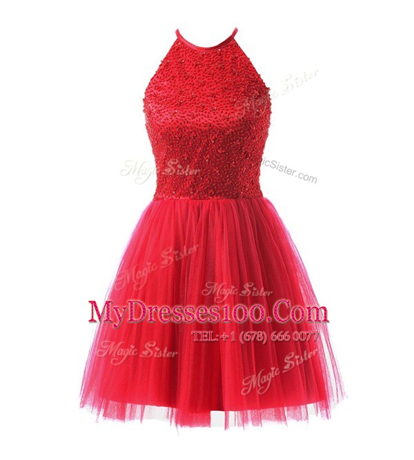 Sophisticated Scoop Knee Length Zipper Juniors Party Dress Coral Red for Prom and Party with Beading