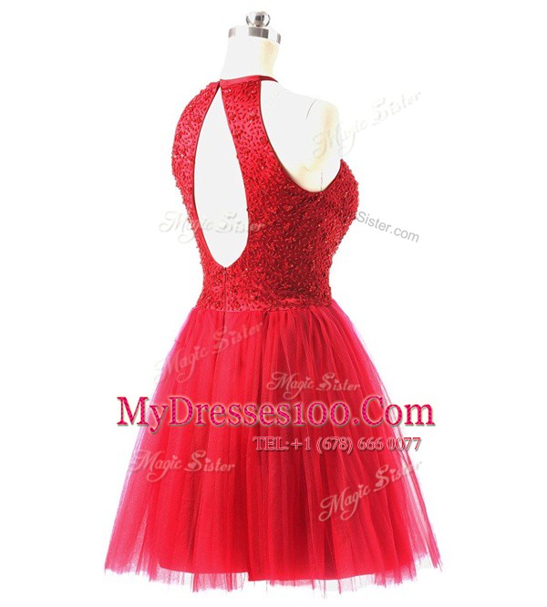 Sophisticated Scoop Knee Length Zipper Juniors Party Dress Coral Red for Prom and Party with Beading