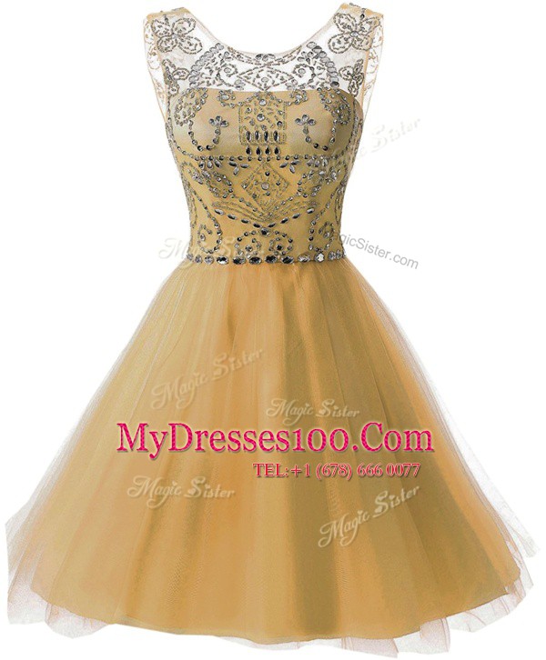 Top Selling Scoop Beading Evening Dress Gold Zipper Sleeveless Knee Length