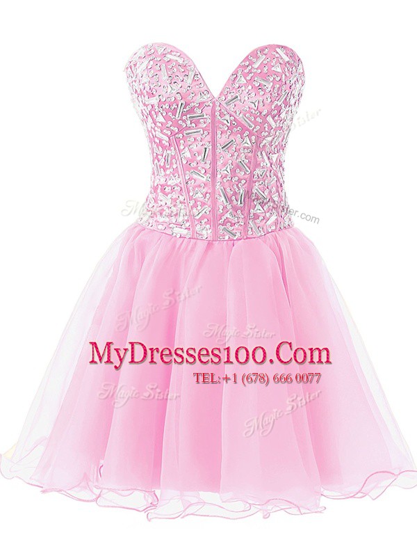 Pretty Sleeveless Chiffon Knee Length Lace Up Cocktail Dress in Rose Pink with Beading