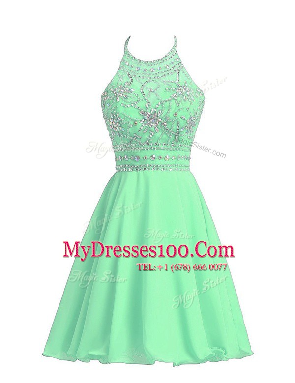 Trendy Halter Top Apple Green Sleeveless Knee Length Beading Zipper Dress for Prom