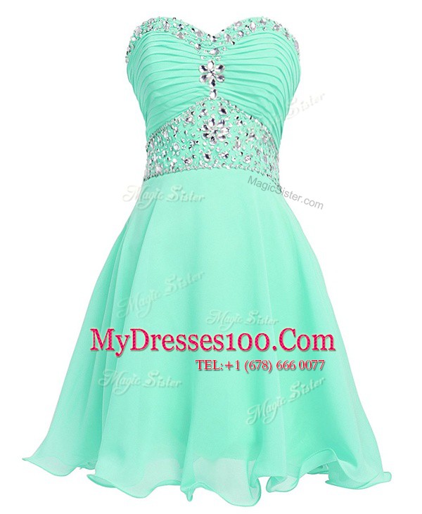 Sleeveless Organza Mini Length Lace Up Prom Dress in Apple Green with Beading and Belt