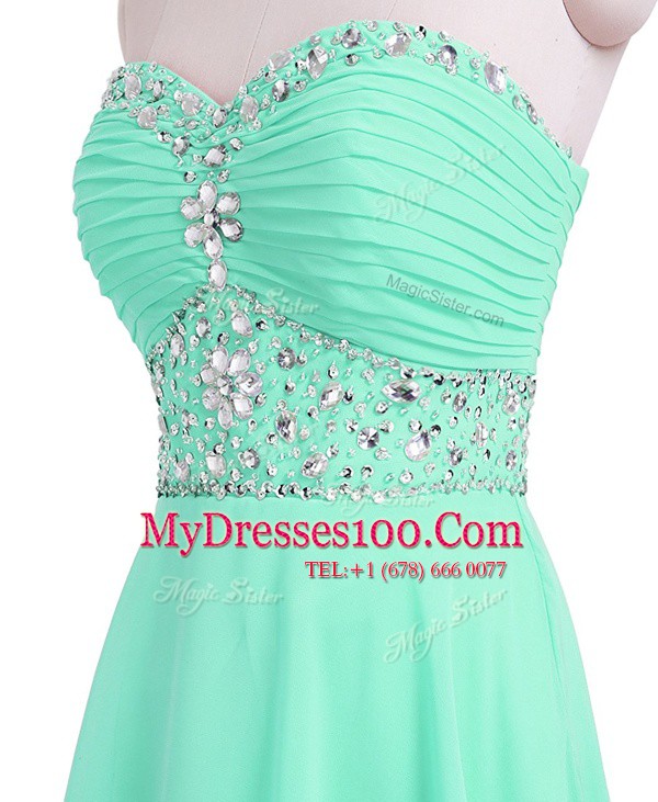 Sleeveless Organza Mini Length Lace Up Prom Dress in Apple Green with Beading and Belt