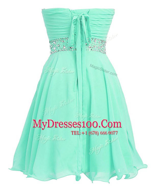 Sleeveless Organza Mini Length Lace Up Prom Dress in Apple Green with Beading and Belt