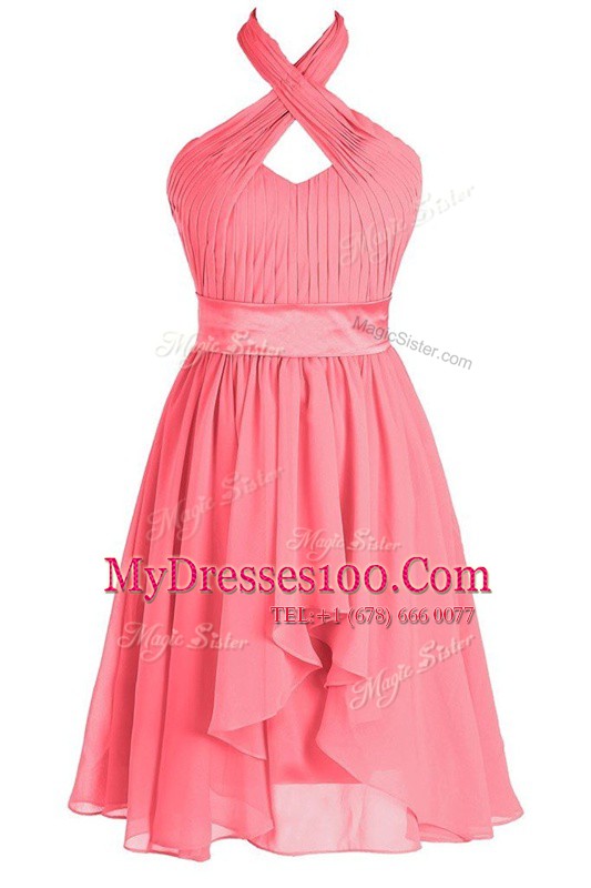 Halter Top Watermelon Red Sleeveless Ruching and Belt Tea Length Prom Dresses
