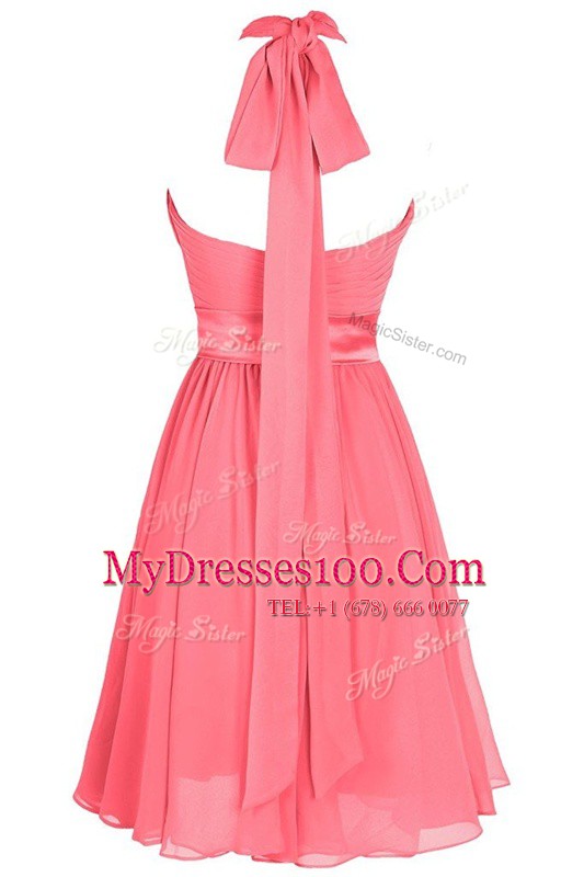 Halter Top Watermelon Red Sleeveless Ruching and Belt Tea Length Prom Dresses