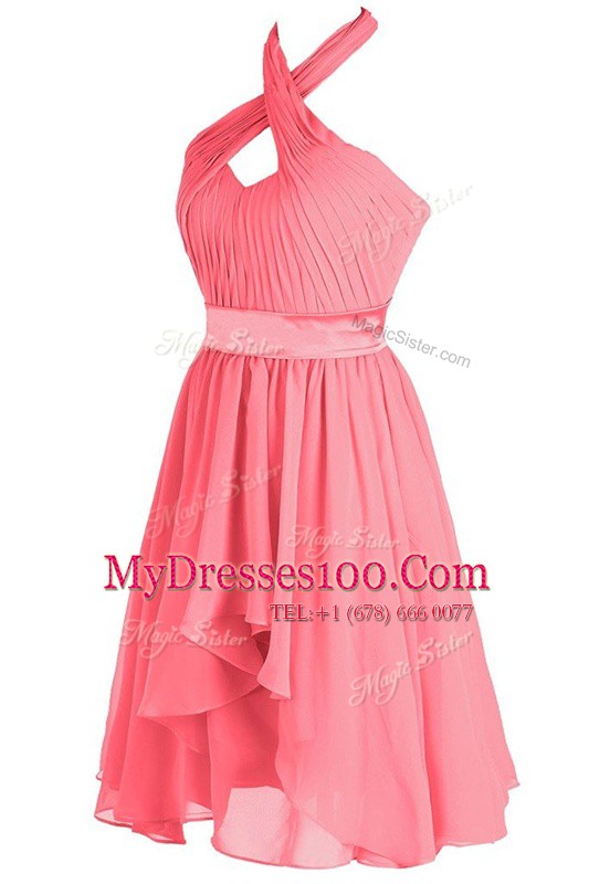 Halter Top Watermelon Red Sleeveless Ruching and Belt Tea Length Prom Dresses