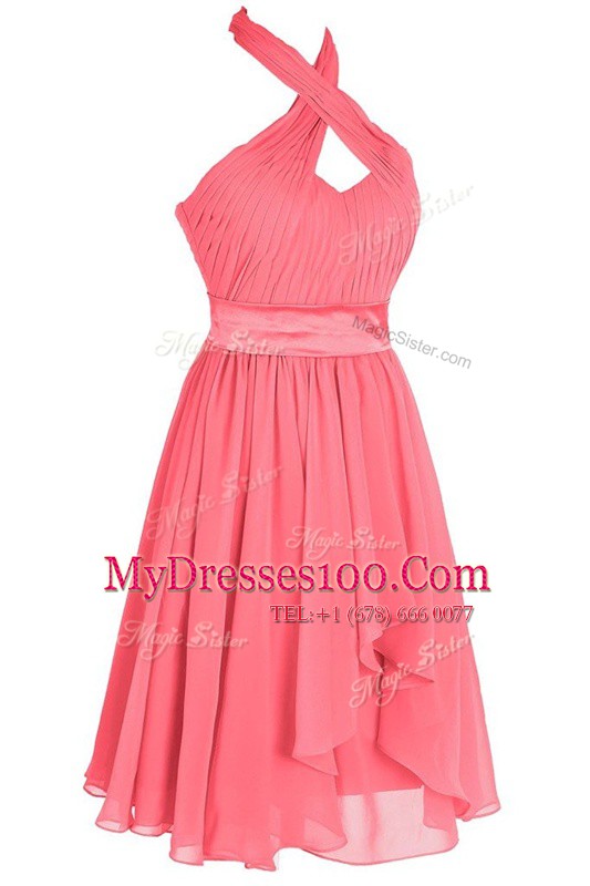 Halter Top Watermelon Red Sleeveless Ruching and Belt Tea Length Prom Dresses