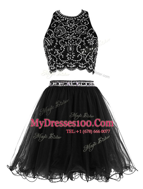 Adorable Scoop Mini Length Black Dress for Prom Chiffon Sleeveless Beading