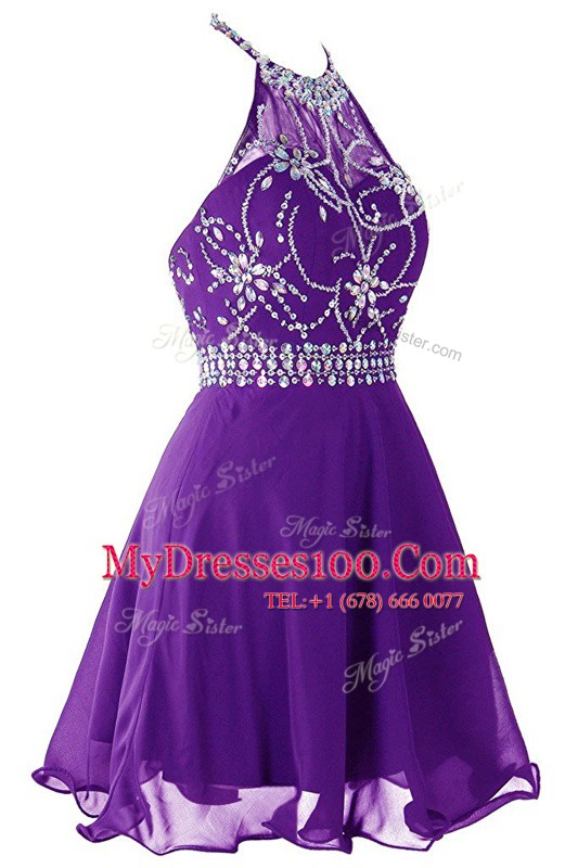 Halter Top Sleeveless Zipper Prom Dress Purple Organza