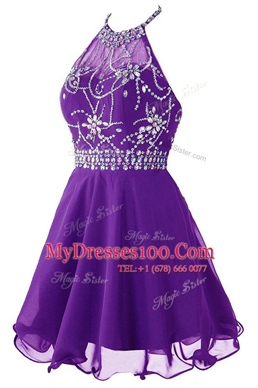 Halter Top Sleeveless Zipper Prom Dress Purple Organza
