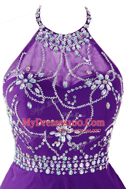 Halter Top Sleeveless Zipper Prom Dress Purple Organza
