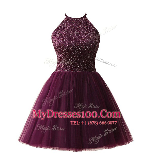 Cheap Dark Purple A-line Chiffon Scoop Sleeveless Beading Knee Length Zipper Prom Evening Gown