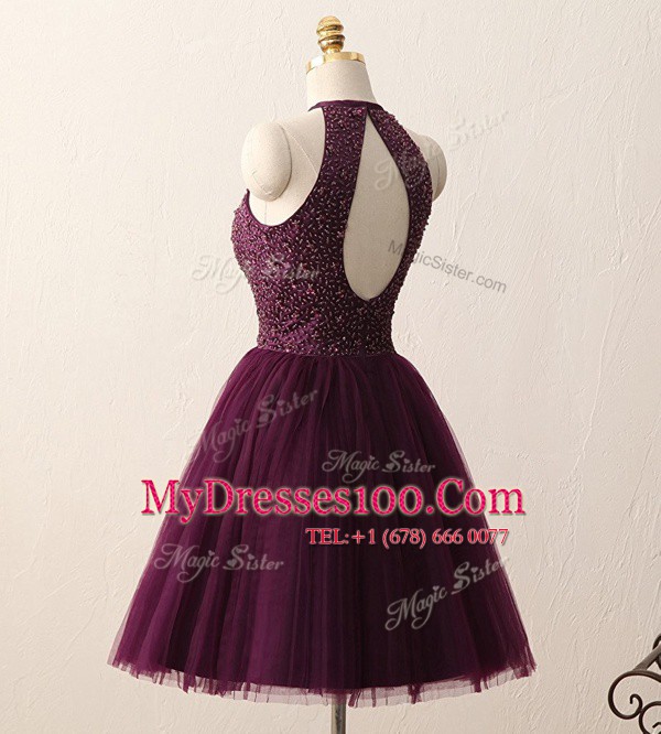 Cheap Dark Purple A-line Chiffon Scoop Sleeveless Beading Knee Length Zipper Prom Evening Gown