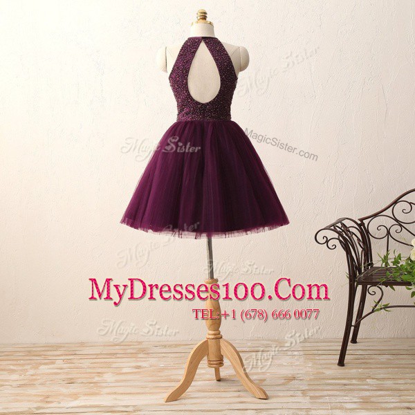 Cheap Dark Purple A-line Chiffon Scoop Sleeveless Beading Knee Length Zipper Prom Evening Gown