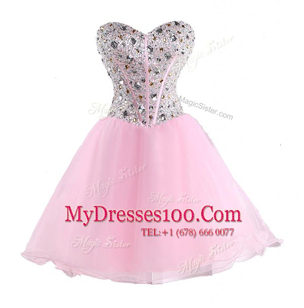 Beading Prom Evening Gown Pink Lace Up Sleeveless Mini Length