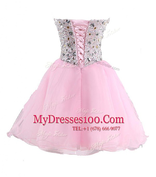 Beading Prom Evening Gown Pink Lace Up Sleeveless Mini Length
