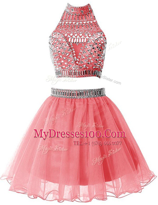 Glorious Watermelon Red High-neck Neckline Beading Party Dress for Girls Sleeveless Zipper