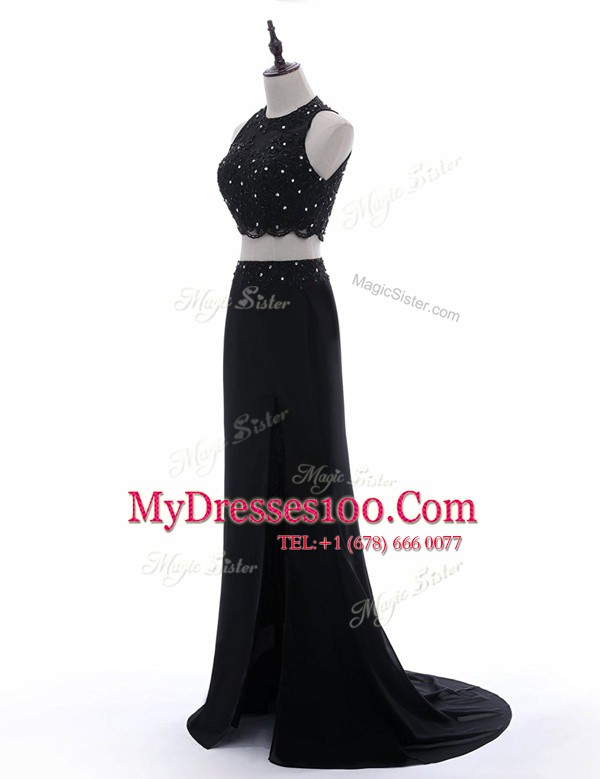 Hot Selling Scoop Black Sleeveless Chiffon Brush Train Side Zipper Homecoming Dress for Prom and Party