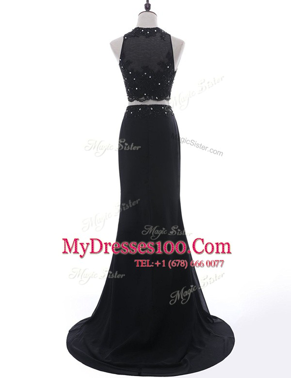 Hot Selling Scoop Black Sleeveless Chiffon Brush Train Side Zipper Homecoming Dress for Prom and Party