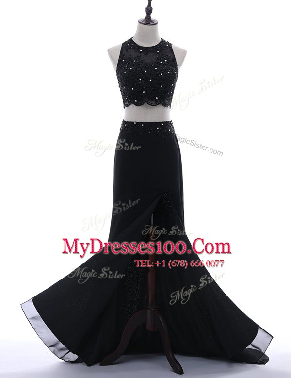 Hot Selling Scoop Black Sleeveless Chiffon Brush Train Side Zipper Homecoming Dress for Prom and Party