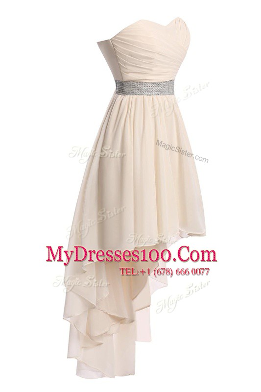 Sleeveless High Low Belt Lace Up Prom Evening Gown with Champagne