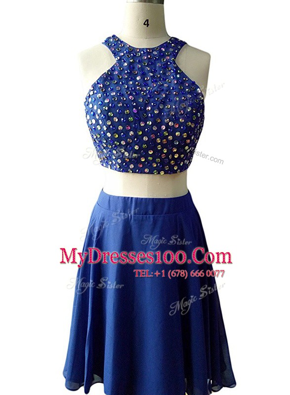 A-line Cocktail Dresses Blue Scoop Chiffon Sleeveless Knee Length Zipper