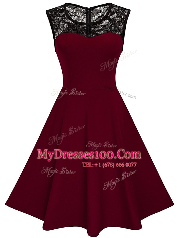 Scoop Sleeveless Knee Length Lace Zipper Evening Dress with Burgundy