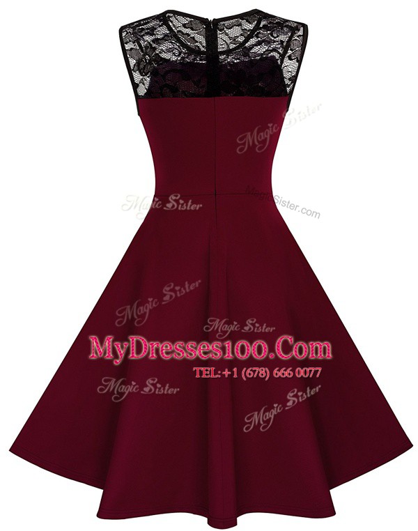 Scoop Sleeveless Knee Length Lace Zipper Evening Dress with Burgundy