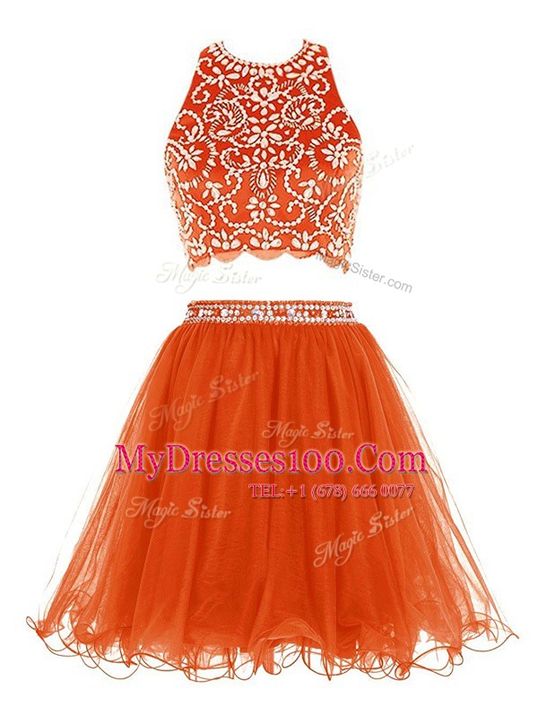 Scoop Orange Sleeveless Mini Length Beading Backless Prom Dresses