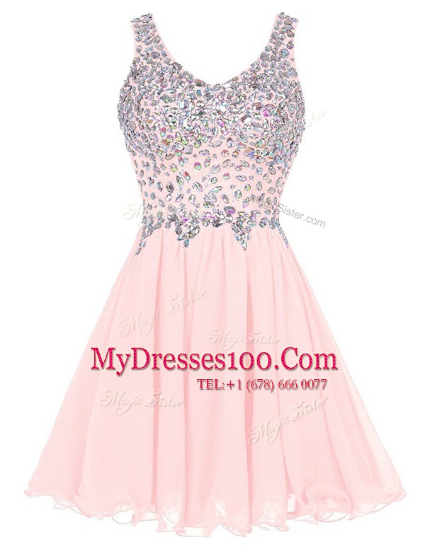 Edgy Baby Pink Prom Dresses Prom and Party and For with Beading Straps Sleeveless Zipper