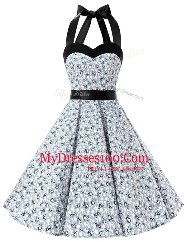 Colorful White And Black Halter Top Zipper Sashes ribbons and Pattern Cocktail Dresses Sleeveless