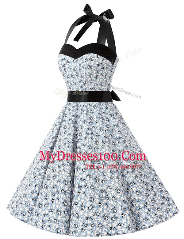 Colorful White And Black Halter Top Zipper Sashes ribbons and Pattern Cocktail Dresses Sleeveless