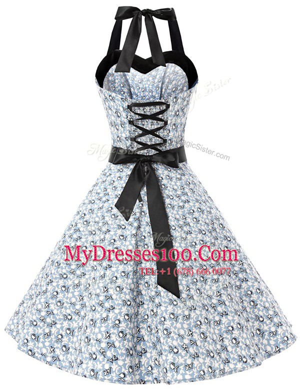 Colorful White And Black Halter Top Zipper Sashes ribbons and Pattern Cocktail Dresses Sleeveless