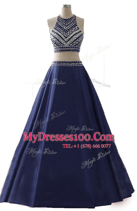Scoop Navy Blue Sleeveless Beading Floor Length Dress for Prom