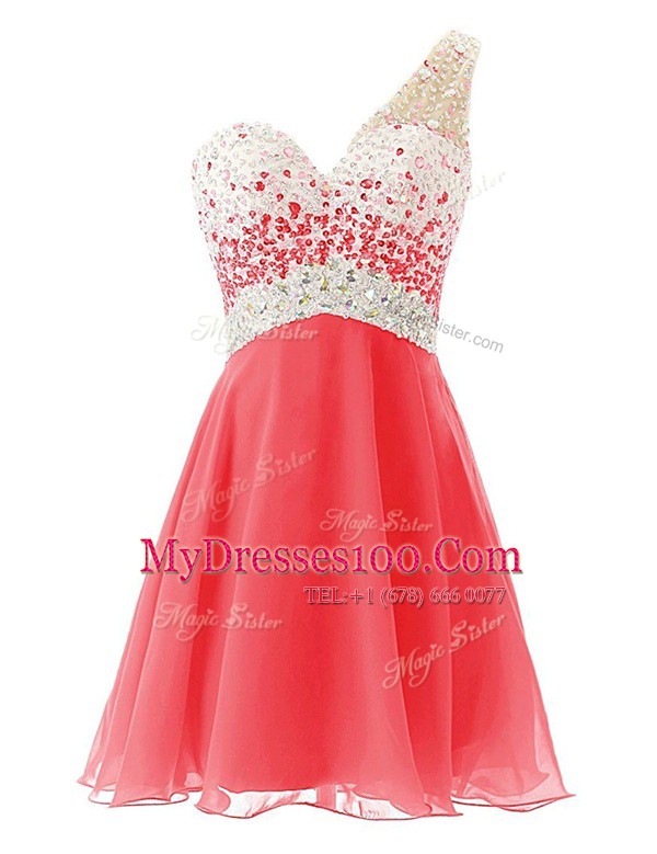 Superior A-line Prom Dress Watermelon Red One Shoulder Chiffon Sleeveless Knee Length Criss Cross