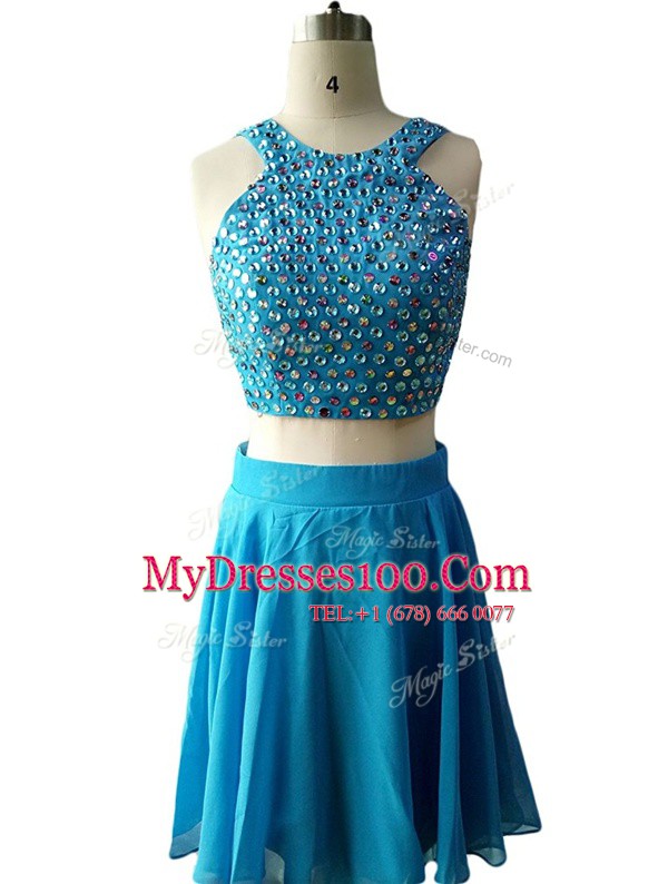 Fitting Scoop Beading Juniors Party Dress Teal Zipper Sleeveless Knee Length