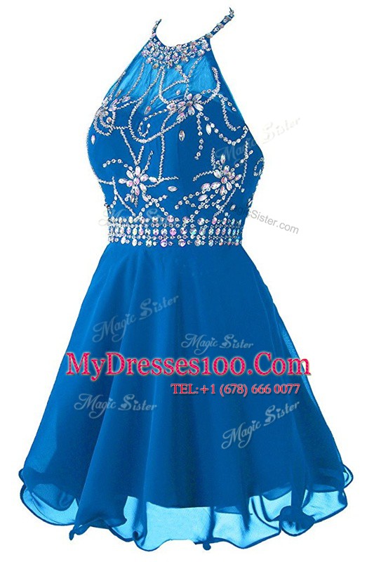 Cheap Scoop Blue Zipper Cocktail Dresses Beading and Belt Sleeveless Mini Length