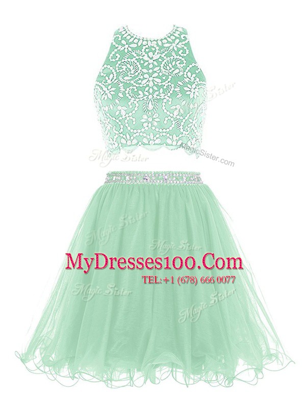 Exceptional Apple Green Halter Top Neckline Beading Prom Gown Sleeveless Clasp Handle