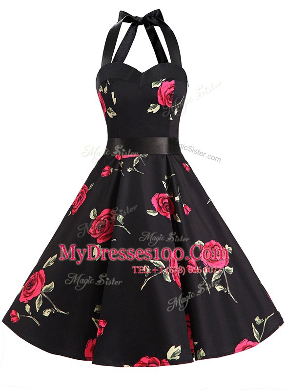 Chiffon Halter Top Sleeveless Zipper Sashes ribbons and Pattern Juniors Party Dress in Black