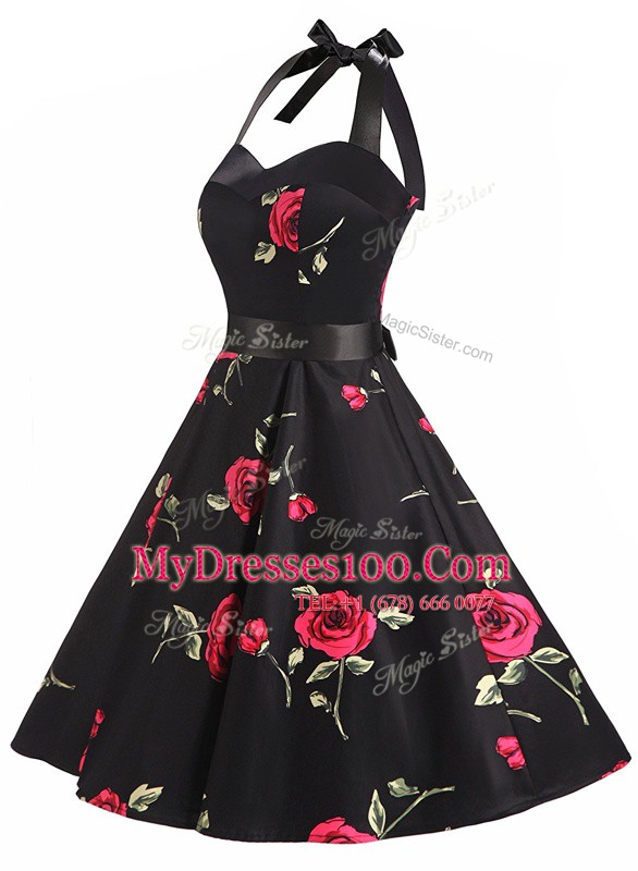 Chiffon Halter Top Sleeveless Zipper Sashes ribbons and Pattern Juniors Party Dress in Black