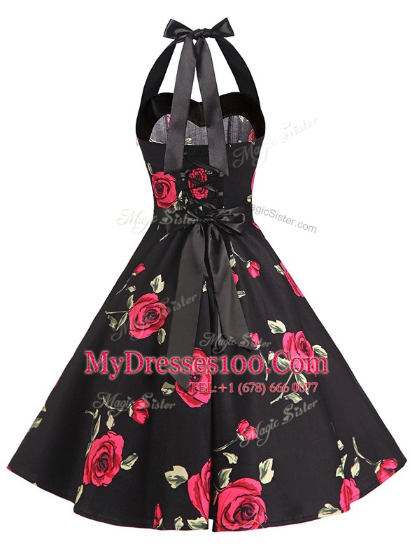 Chiffon Halter Top Sleeveless Zipper Sashes ribbons and Pattern Juniors Party Dress in Black