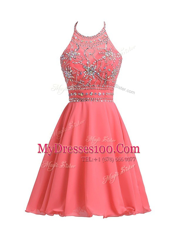 High End Watermelon Red Chiffon Zipper Halter Top Sleeveless Knee Length Party Dress Beading