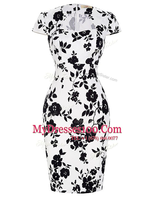 Perfect Short Sleeves Knee Length Pattern and Belt Zipper Prom Dresses with White And Black