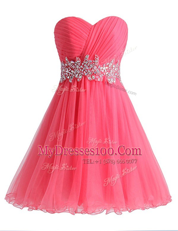Hot Pink Sweetheart Neckline Beading and Ruching Prom Gown Sleeveless Lace Up