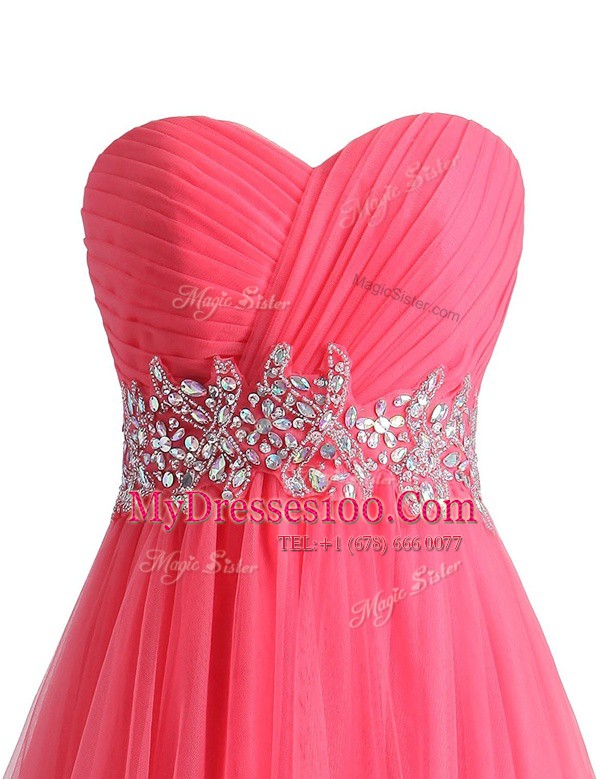 Hot Pink Sweetheart Neckline Beading and Ruching Prom Gown Sleeveless Lace Up