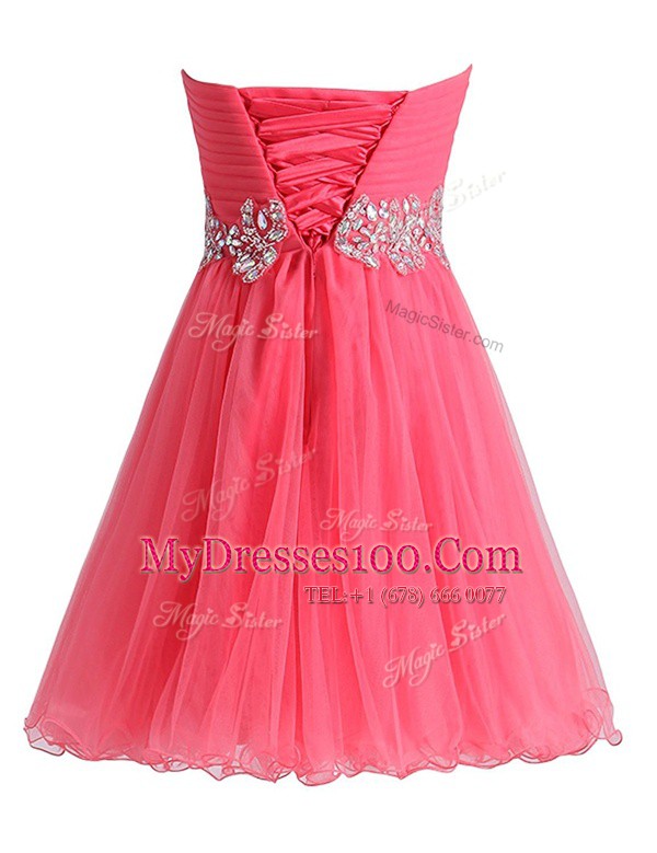 Hot Pink Sweetheart Neckline Beading and Ruching Prom Gown Sleeveless Lace Up