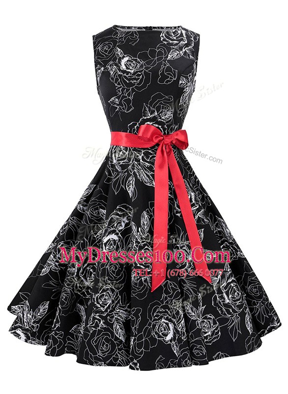 Scoop Black Zipper Prom Party Dress Sashes ribbons and Pattern Sleeveless Knee Length