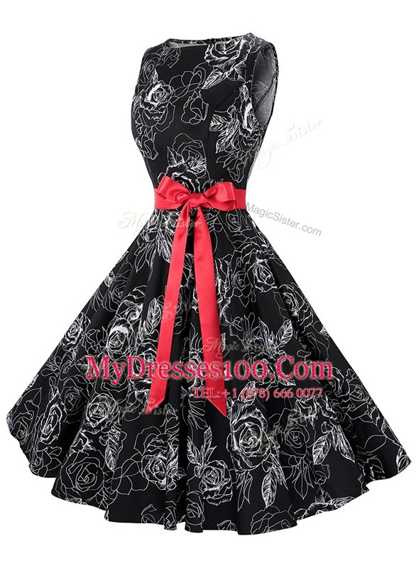 Scoop Black Zipper Prom Party Dress Sashes ribbons and Pattern Sleeveless Knee Length